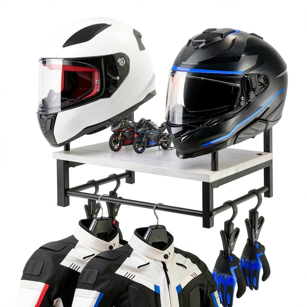 YTYLSJ motorcycle helmet rack on a garage wall