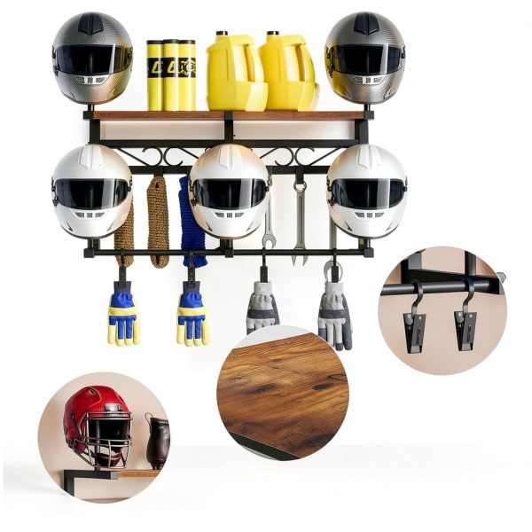 Motorcycle Helmet Rack HOOBRO Wall-Mount Iron Wood Storage 31.7" L-4