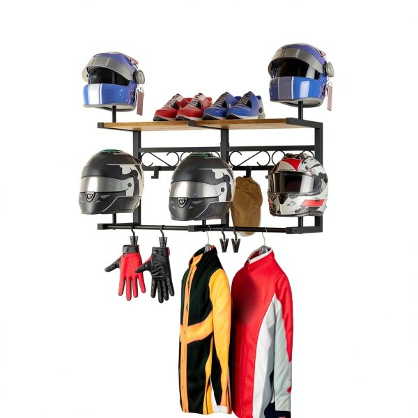 Motorcycle Helmet Rack HOOBRO Wall-Mount Iron Wood Storage 31.7" L-3