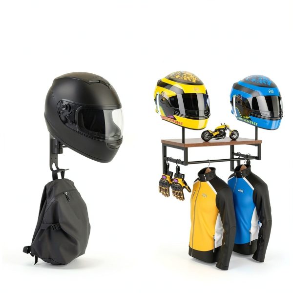 BORISI Helmet Wall Mount 4-in-1 Metal Wood Retro Black-1