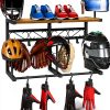 Motorcycle Helmet Rack HOOBRO Wall-Mount Iron Wood Storage 31.7" L-6