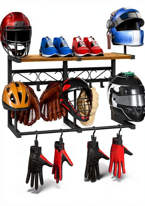 Motorcycle Helmet Rack HOOBRO Wall-Mount Iron Wood Storage 31.7" L-6