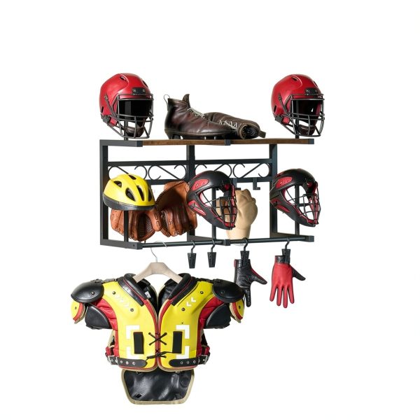 Motorcycle Helmet Rack HOOBRO Wall-Mount Iron Wood Storage 31.7" L-2